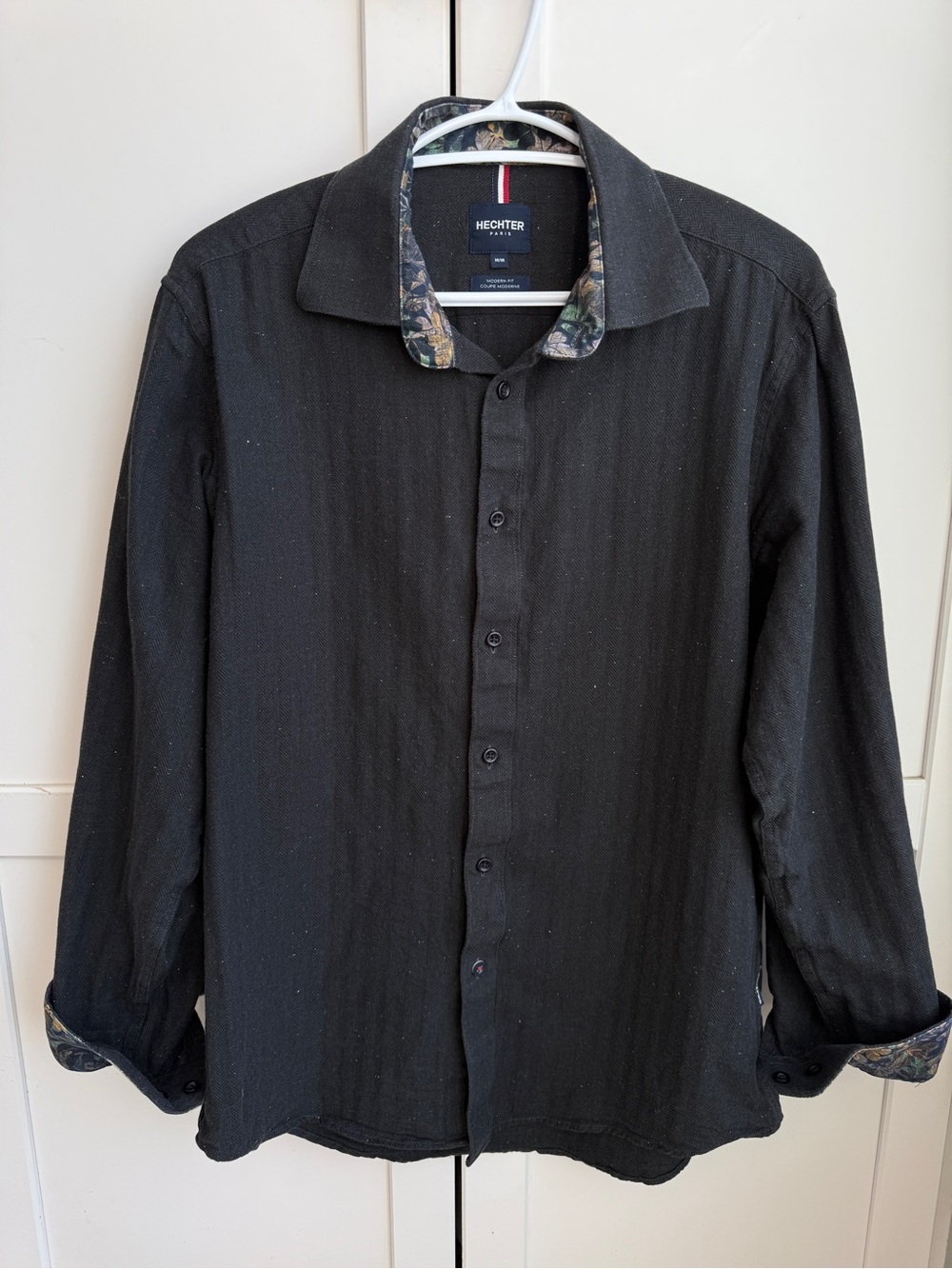 Hechter Paris Men’s Black Herringbone Shirt Size M Dark Academia Preppy